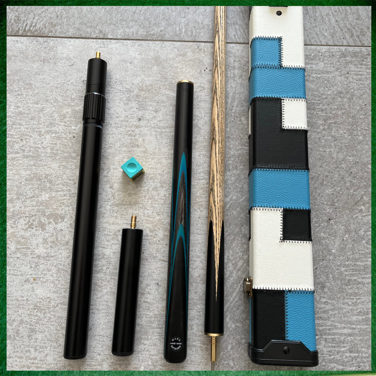 57" Snooker/Pool Cue + Case + Extensions Bundle :: Sleek Black & Blue Style