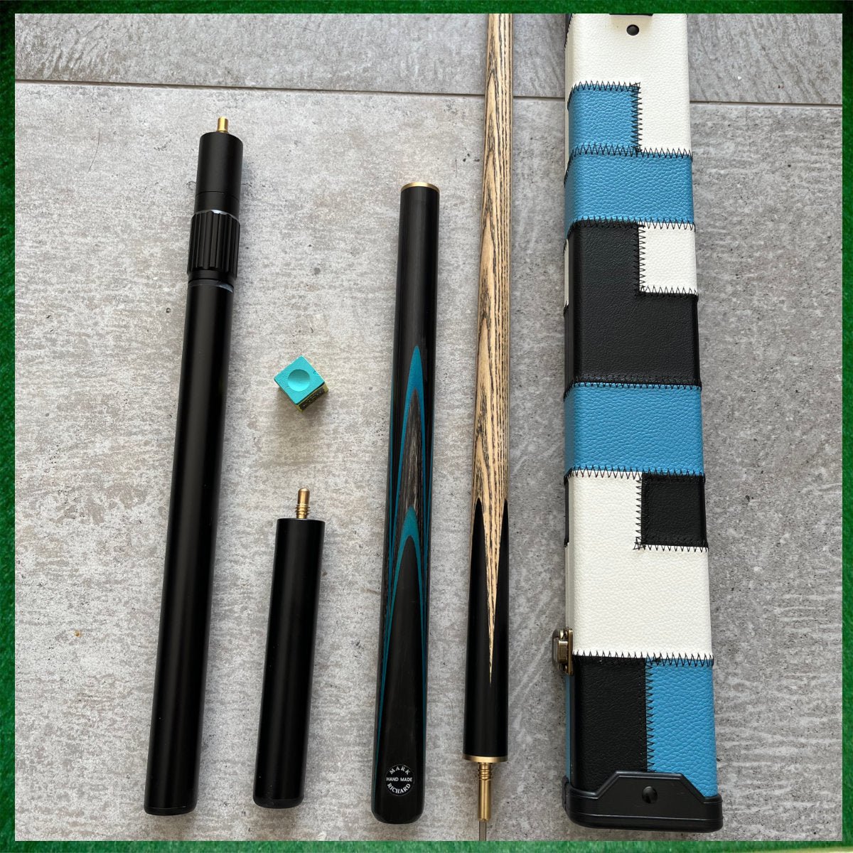 57" Snooker/Pool 3/4 Jointed Ash 9.5mm Tip Cue + Case + Extensions Bundle, Black & Blue - 147Pot - UK - Fast UK Delivery