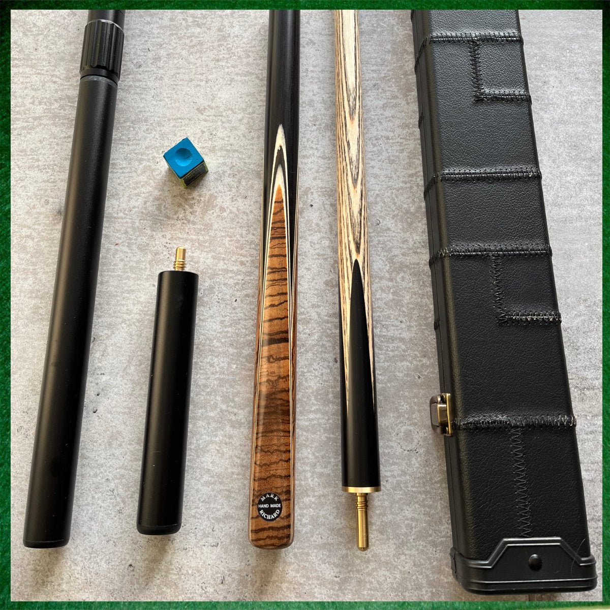 57" Snooker/Pool 3/4 Jointed Ash Brass Ferrule 9.5mm Tip Cue + Case + Extensions Bundle :: Premium Dark Tan - 147Pot - UK