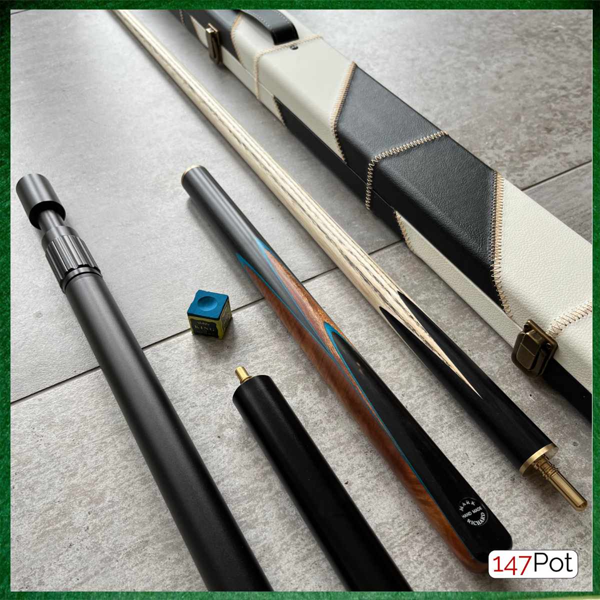 57" Snooker/Pool Cue + Case + Extensions Bundle :: Navy Inlay Style