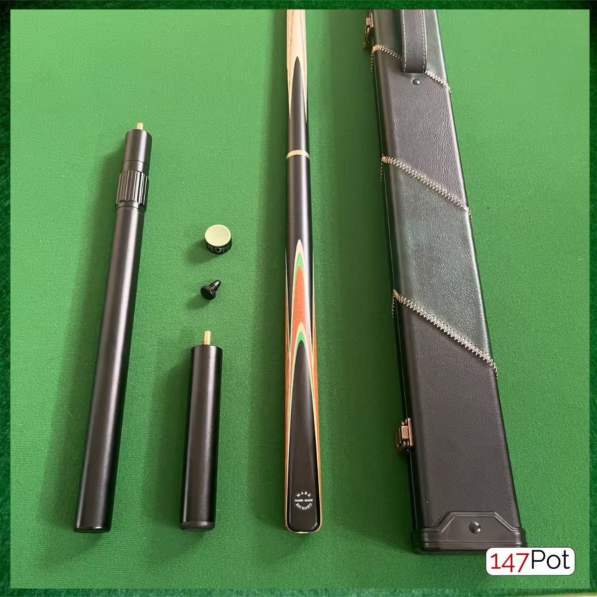 58 Inch Snooker/Pool 3/4 Jointed Ash Cue - 9.5mm Tip - Hard Case - 2x Extensions Bundle :: Emerald Green Arrows