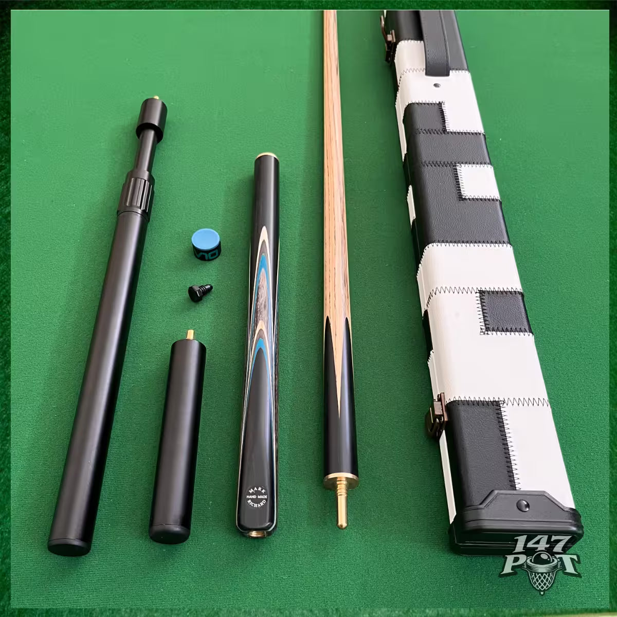 58 Inch Snooker/Pool 3/4 Jointed Ash Cue - 9.5mm Tip - Hard Case - 2x Extensions Bundle :: Blue & White Arrows