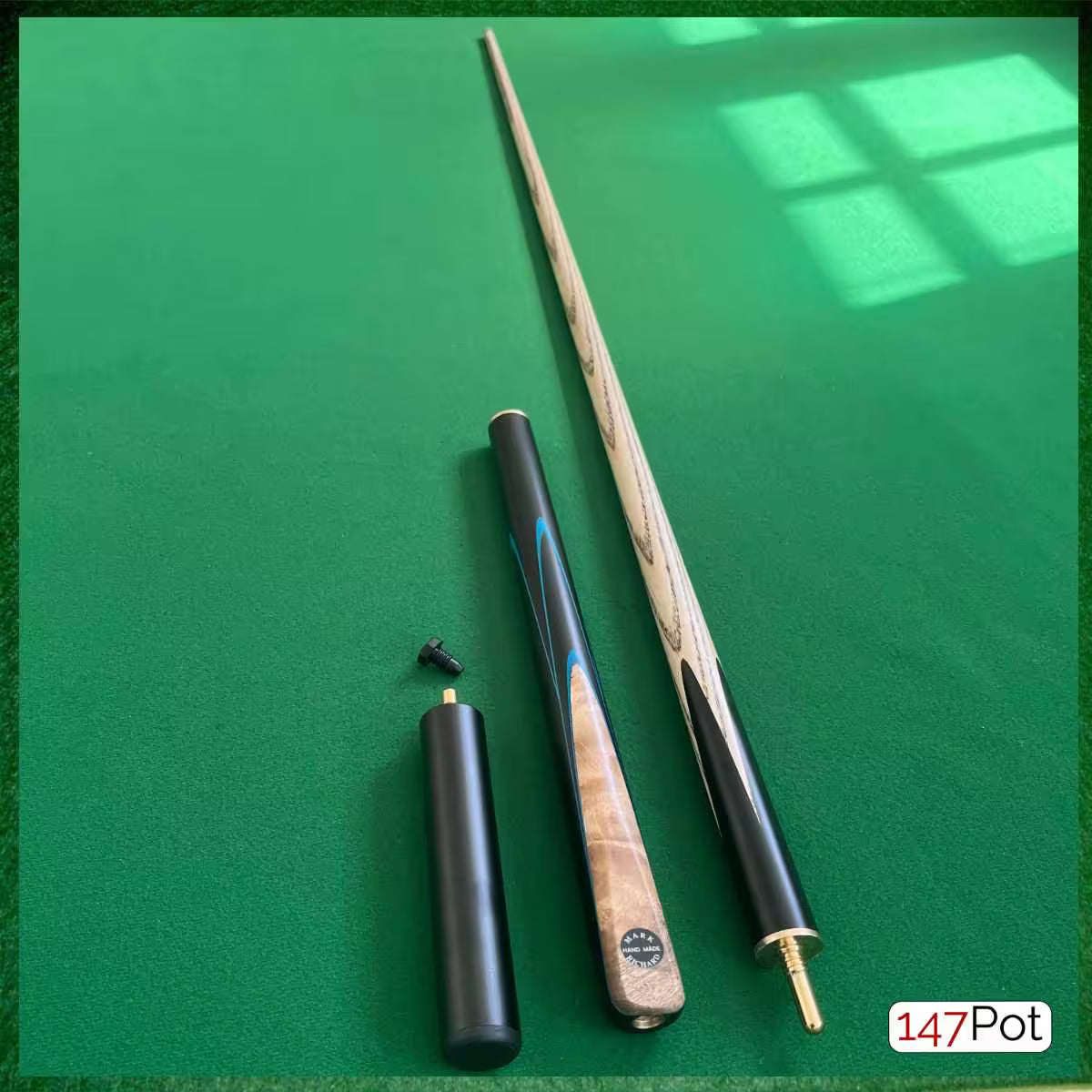 58" ¾ Jointed Handmade Ash 9.5mm Tip Snooker/Pool Cue - Laos Burl & Blue