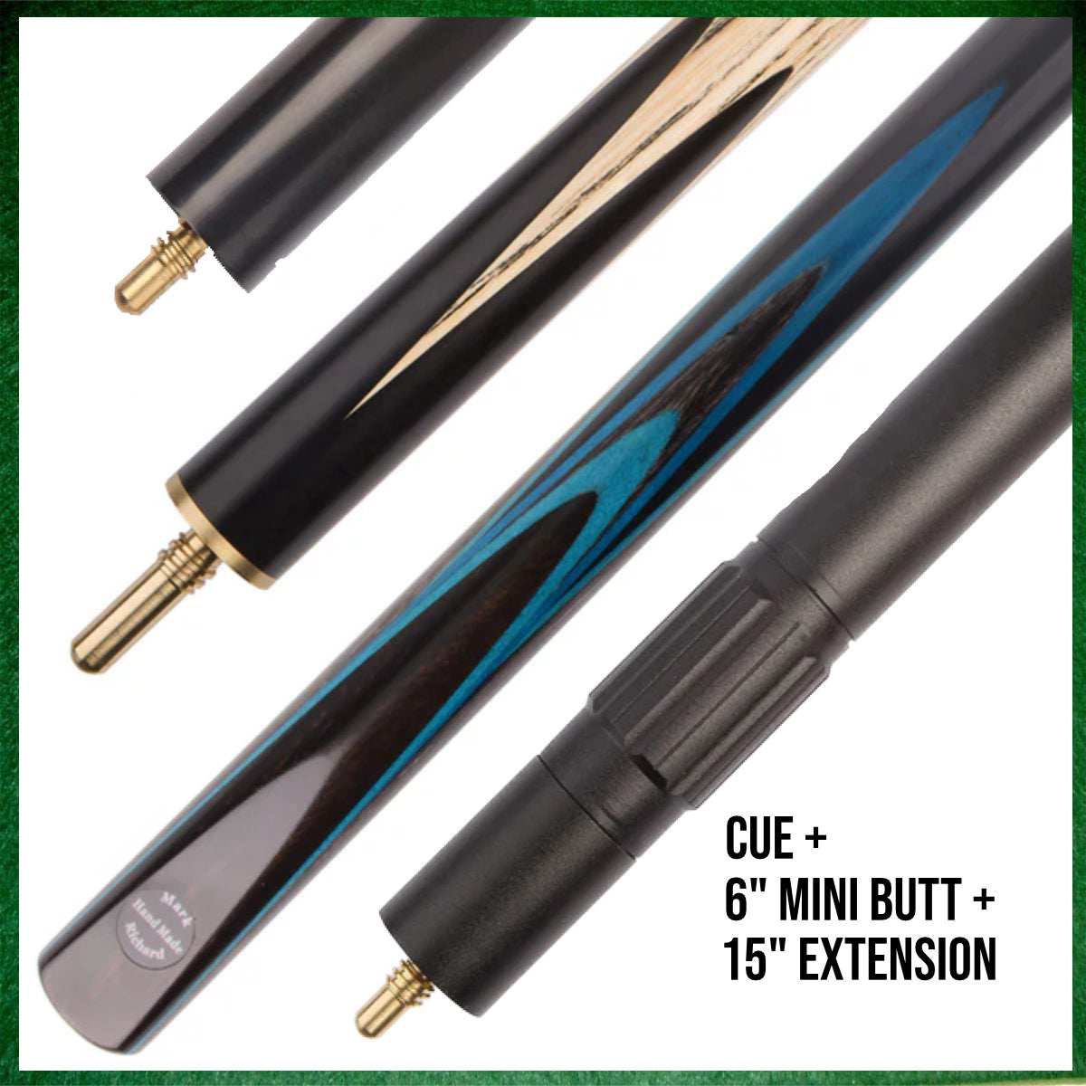 57" ¾ Jointed English Snooker/Pool Cue - Blue Maple Veneer & Ebony Craftsmanship