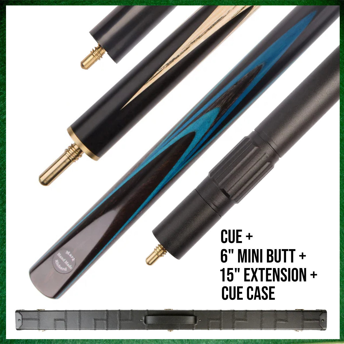 57" ¾ Jointed English Snooker/Pool Cue - Blue Maple Veneer & Ebony Craftsmanship