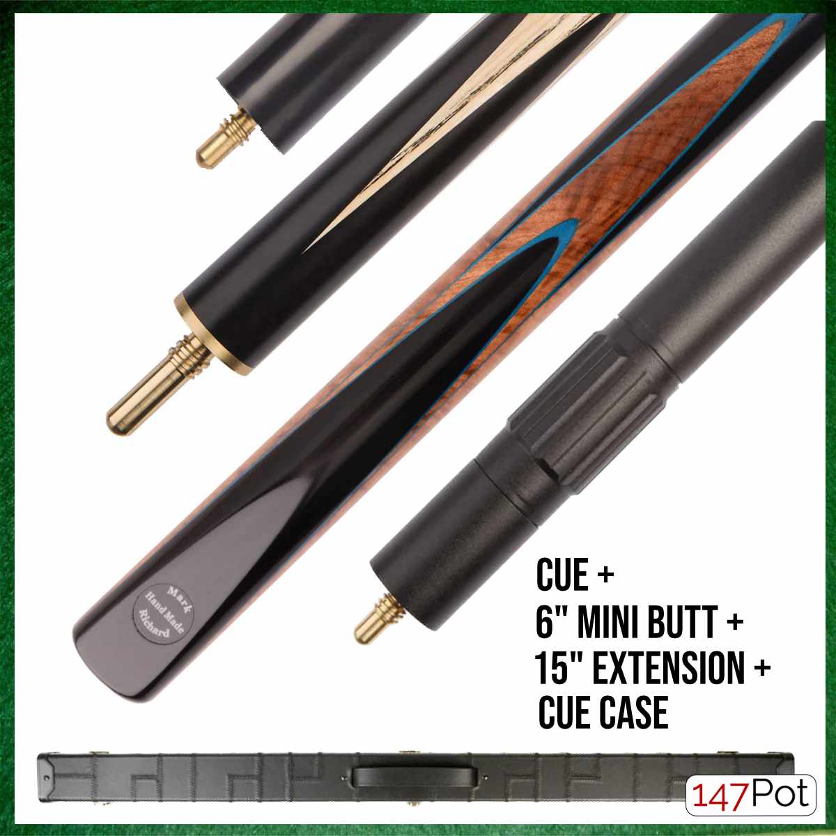 57" Ebony & Burl with Navy Inlay 3/4 Jointed 9.5mm Elk Master Tip Snooker Cue