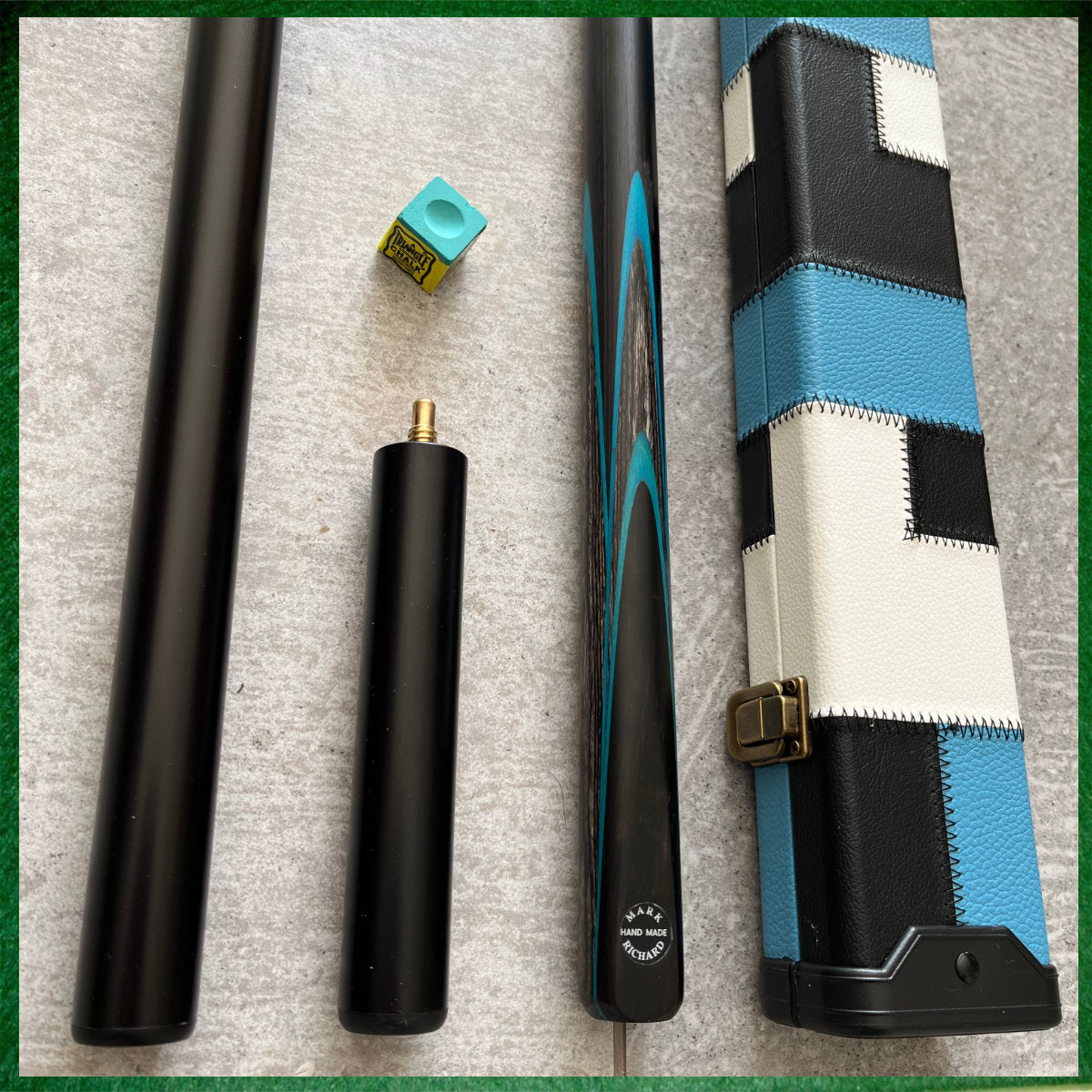 57" Snooker/Pool Cue + Case + Extensions Bundle :: Sleek Black & Blue Style