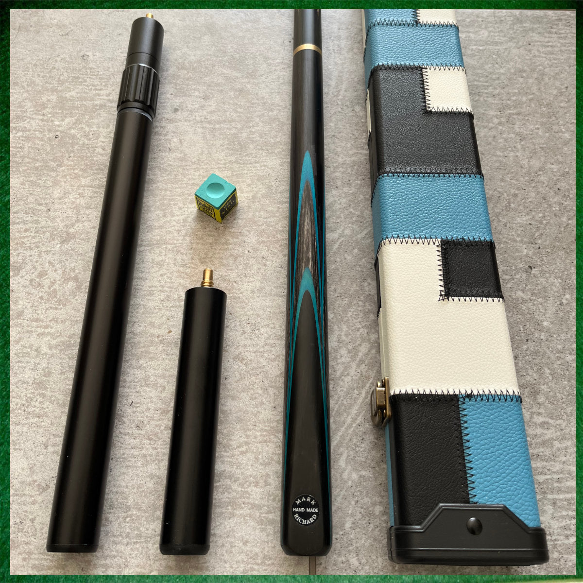 57" Snooker/Pool Cue + Case + Extensions Bundle :: Sleek Black & Blue Style