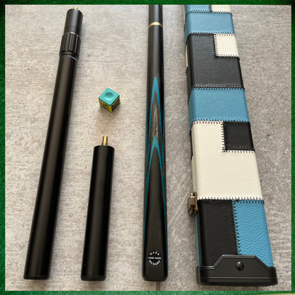 57" Snooker/Pool Cue + Case + Extensions Bundle :: Sleek Black & Blue Style