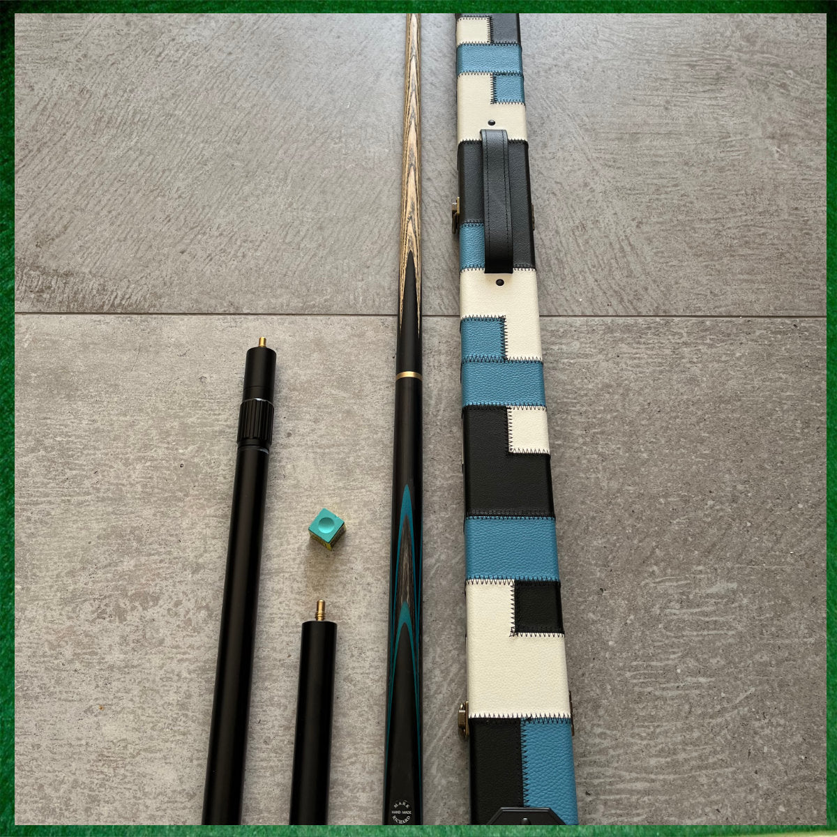 57" Snooker/Pool Cue + Case + Extensions Bundle :: Sleek Black & Blue Style