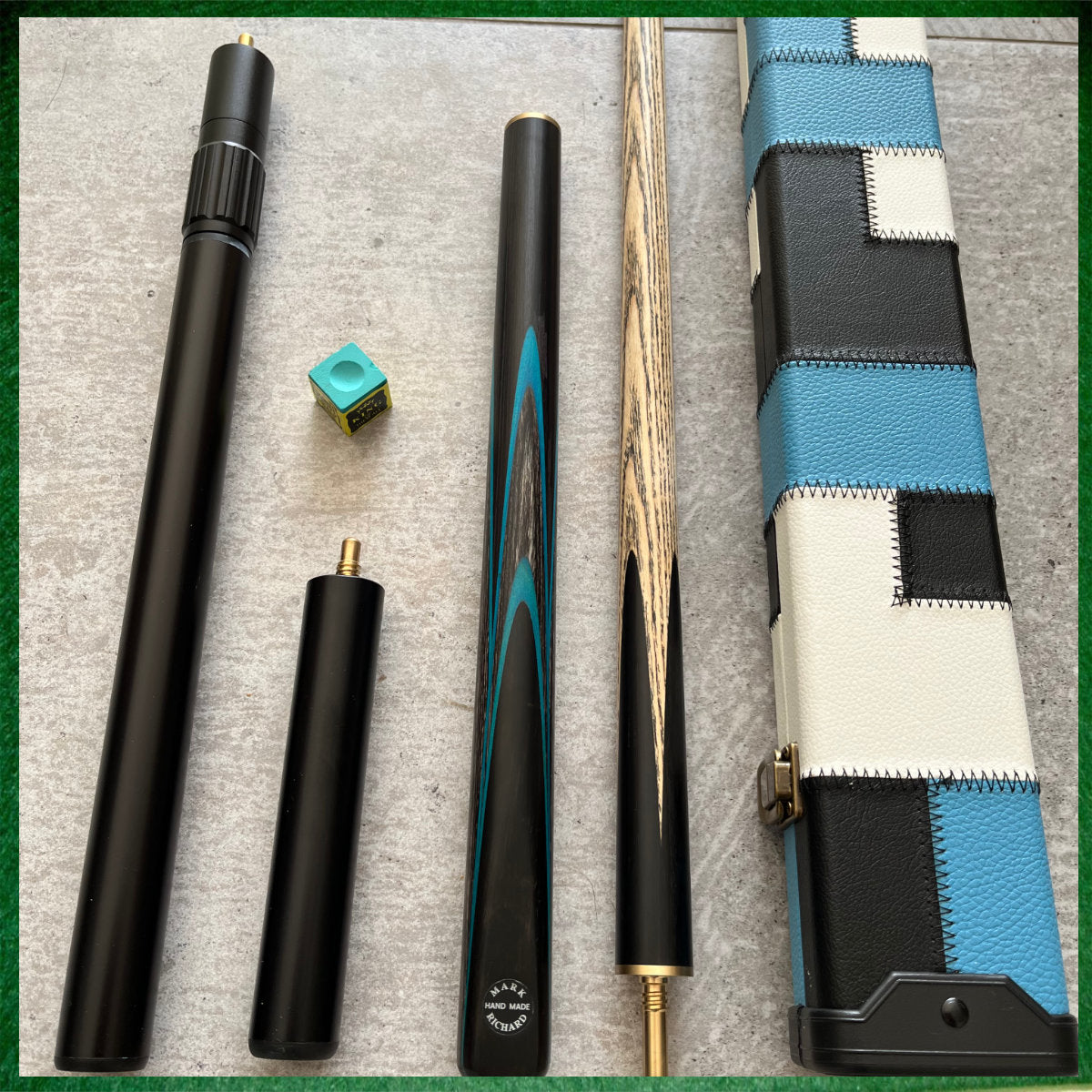 57" Snooker/Pool Cue + Case + Extensions Bundle :: Sleek Black & Blue Style