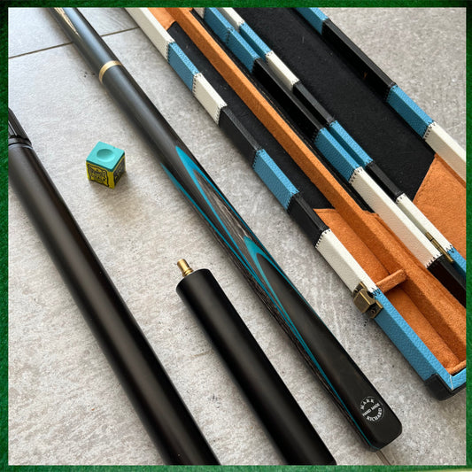 57" Snooker/Pool Cue + Case + Extensions Bundle :: Sleek Black & Blue Style