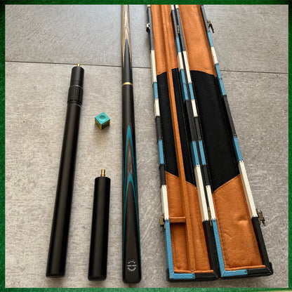 57" Snooker/Pool Cue + Case + Extensions Bundle :: Sleek Black & Blue Style