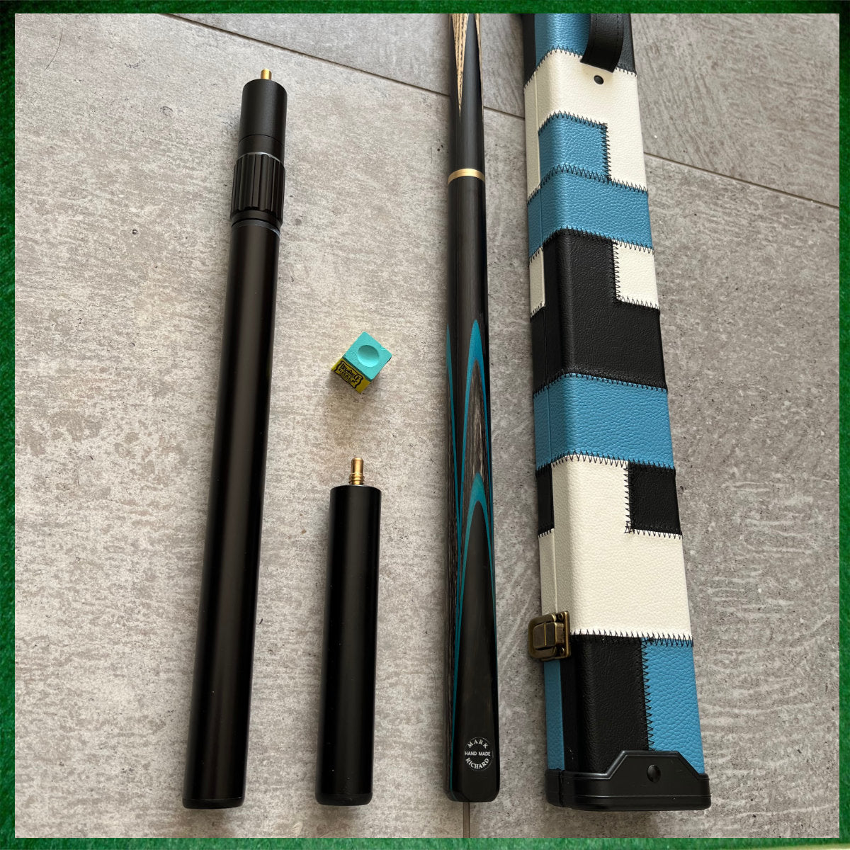 57" Snooker/Pool Cue + Case + Extensions Bundle :: Sleek Black & Blue Style