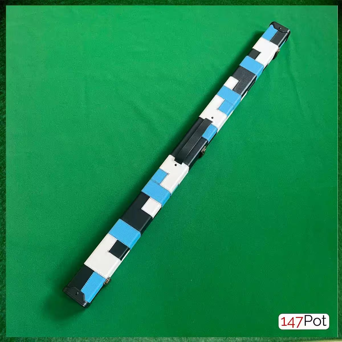 Black, Light Blue & White Patchwork Leatherette 3/4 Length 57/58" Snooker/Pool Cue Case