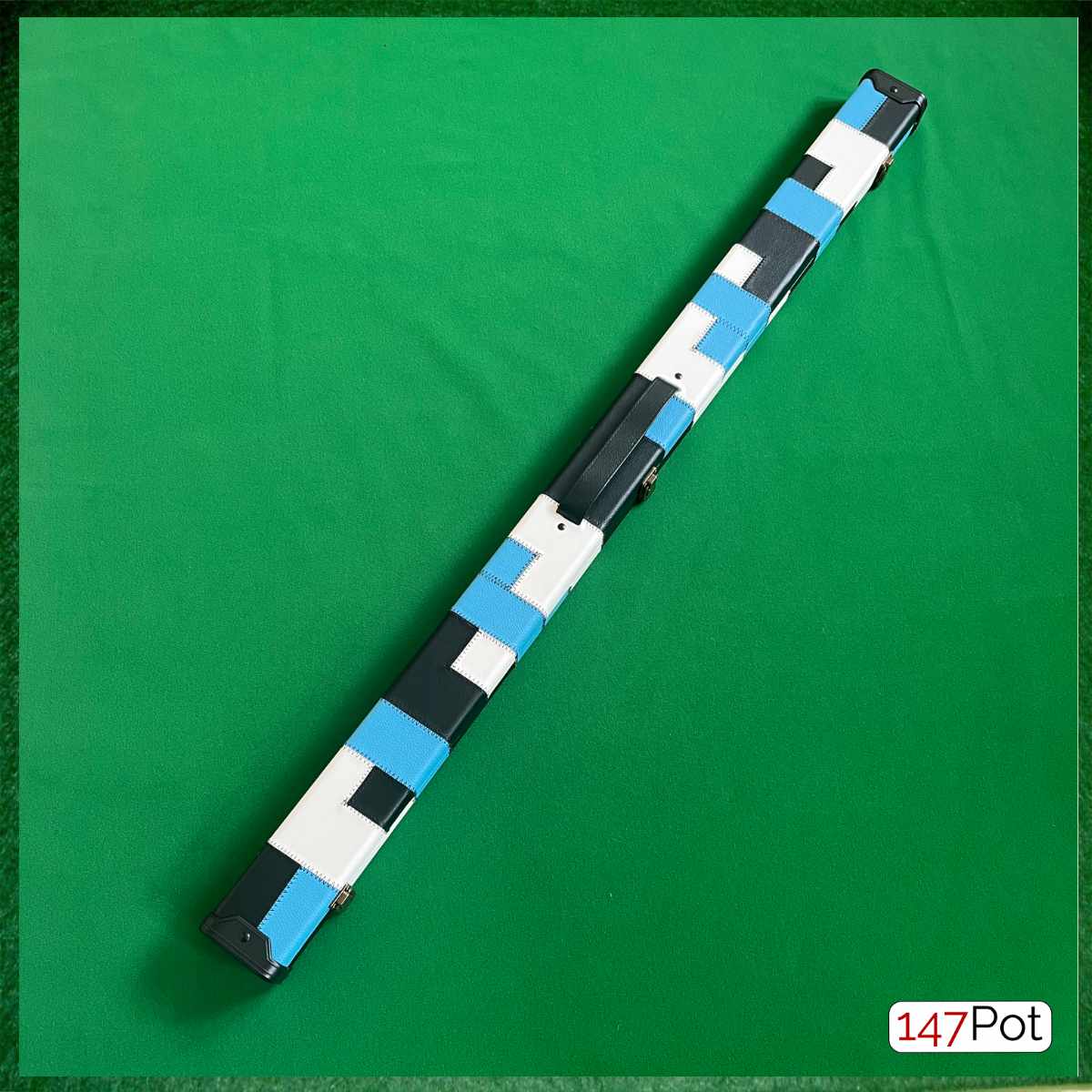 Black, Light Blue & White Patchwork Leatherette 3/4 Length 57/58" Snooker/Pool Cue Case