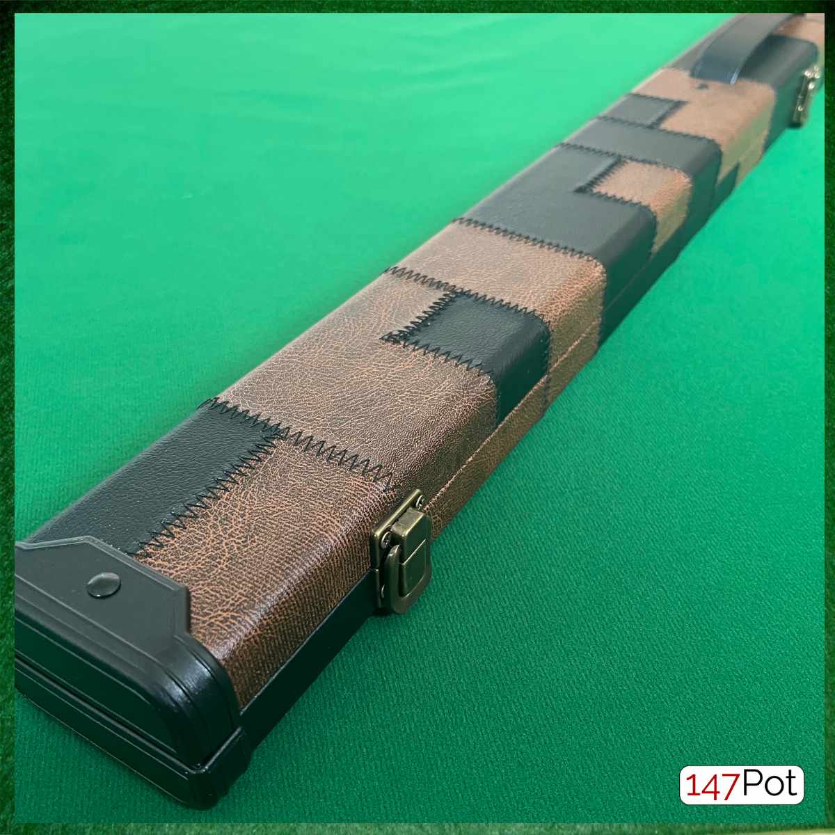 Tan Brown & Black Block Patchwork Leatherette 3/4 Length 57/58" Snooker/Pool Cue Case - 147Pot