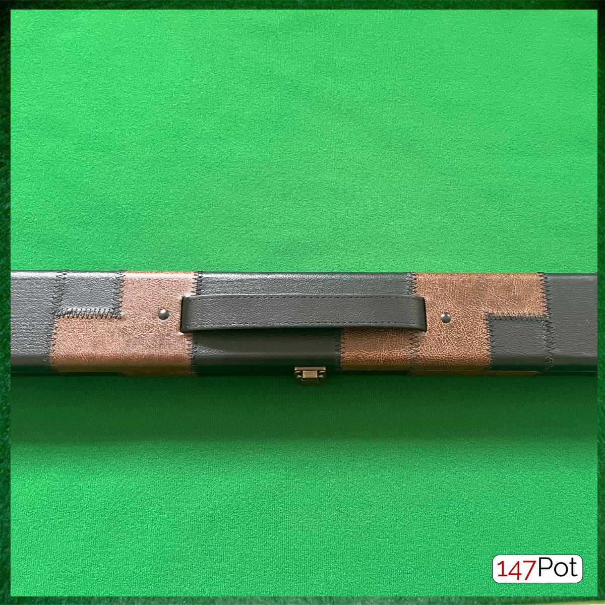 3 4 snooker cue case uk, 147 pot, hard cue case, tan brown and black leatherette ceu case, 2 piece cue case, 3/4 cue case