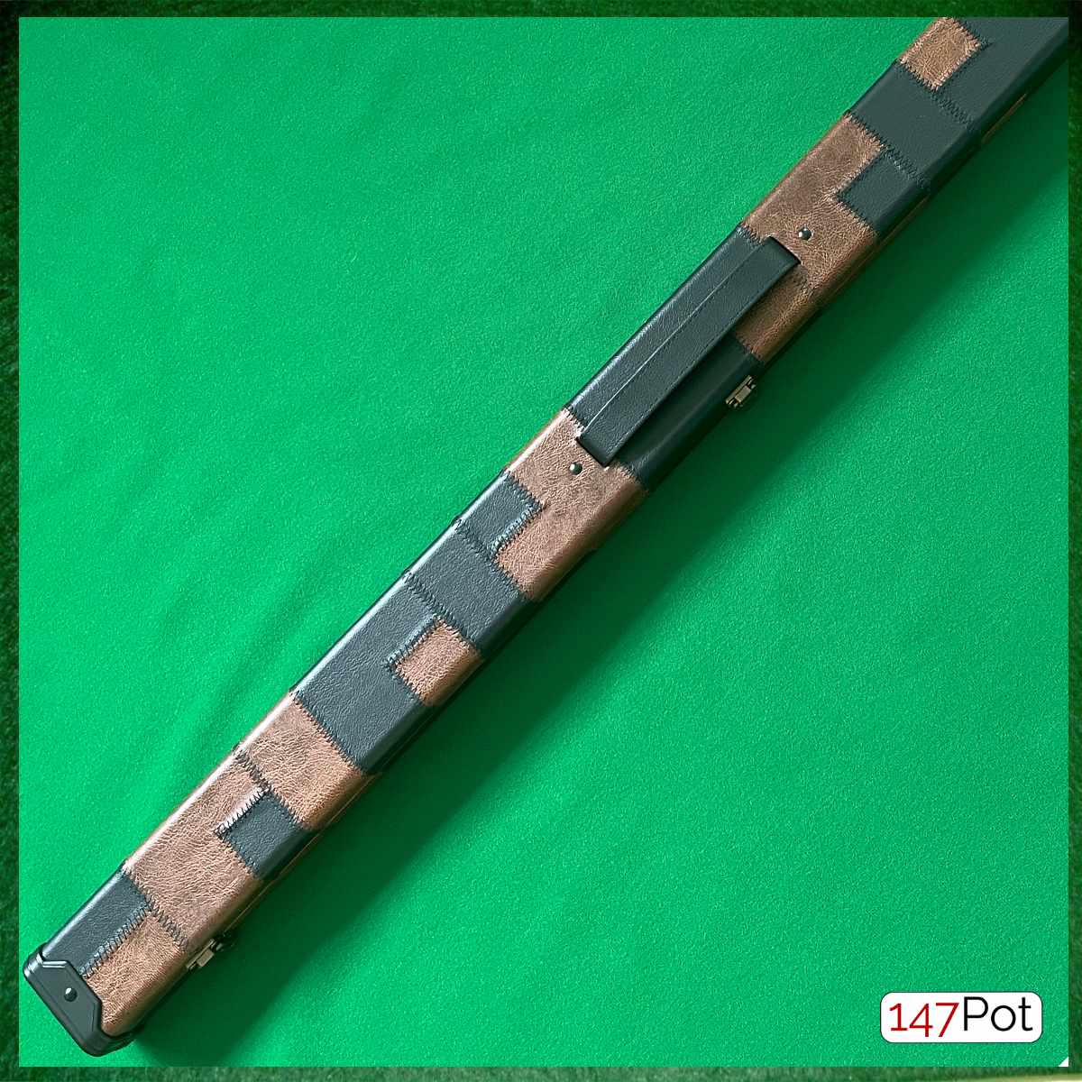 3 4 snooker cue case uk, 147 pot, hard cue case, tan brown and black leatherette ceu case, 2 piece cue case, 3/4 cue case