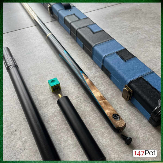 58" Snooker/Pool Cue + Case + 2x Extensions Bundle :: Laos Burl + Blue