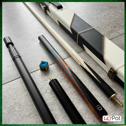 57" Snooker/Pool Cue + Case + Extensions Bundle :: Navy Inlay Style