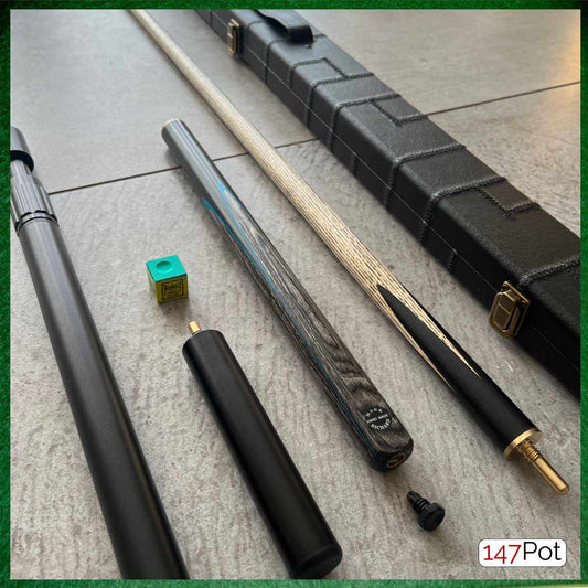 57" Snooker/Pool Cue + Case + 2x Extensions Bundle :: Sleek Black, Blue & Smokey Grey