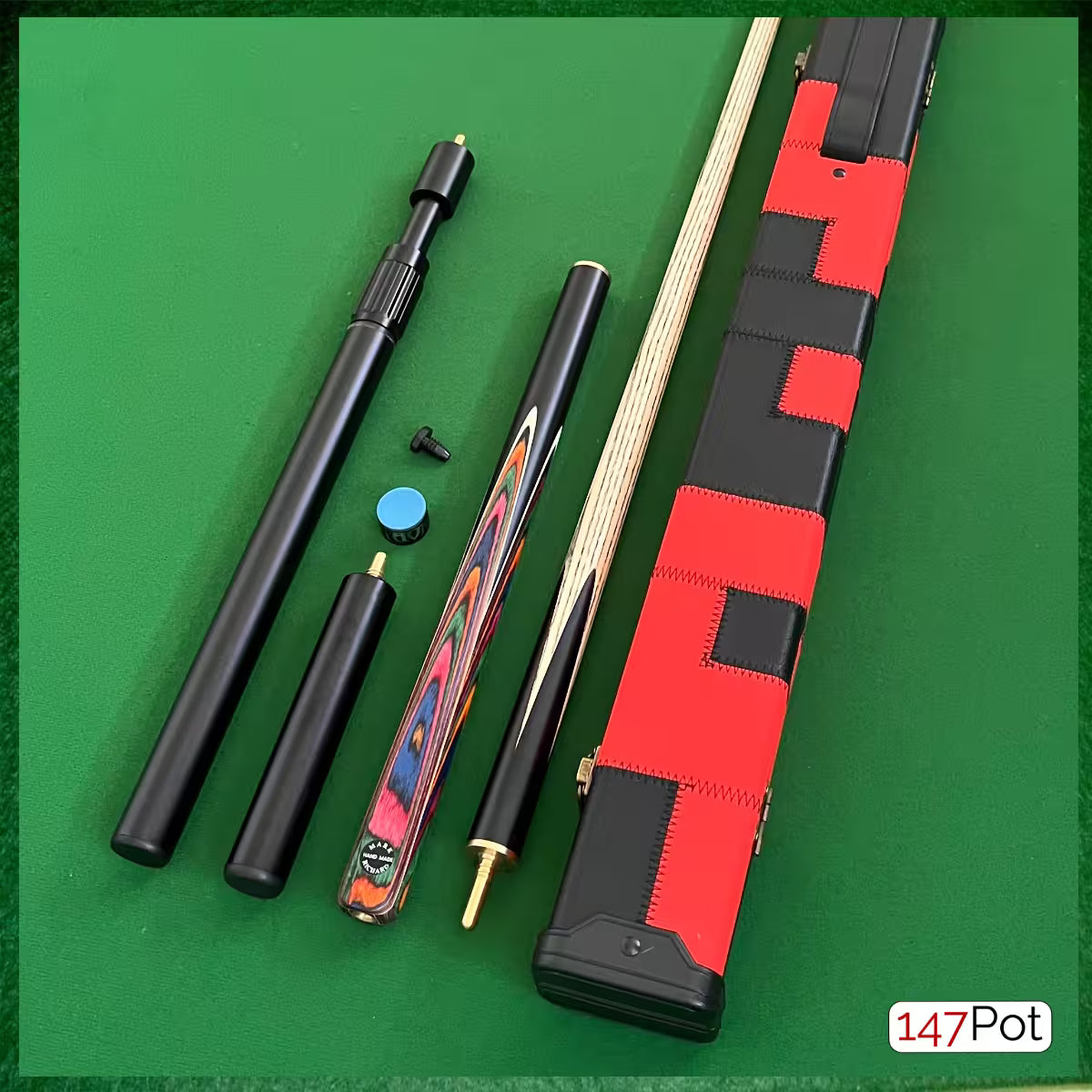 57" Snooker/Pool Cue + Case + 2x Extensions Bundle :: Multicolour