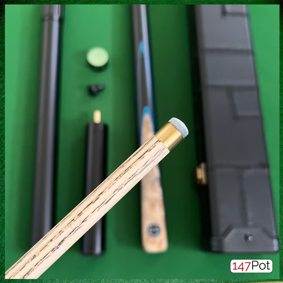 58" Snooker/Pool Cue + Case + 2x Extensions Bundle :: Laos Burl + Blue