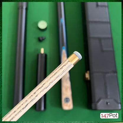58" Snooker/Pool Cue + Case + 2x Extensions Bundle :: Laos Burl + Blue