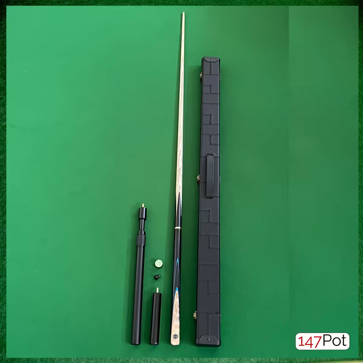 58" Snooker/Pool Cue + Case + 2x Extensions Bundle :: Laos Burl + Blue