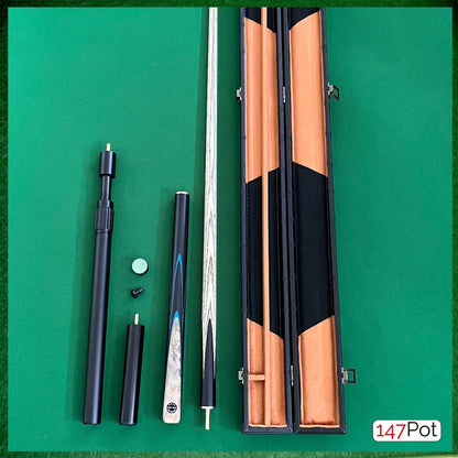 58" Snooker/Pool Cue + Case + 2x Extensions Bundle :: Laos Burl + Blue