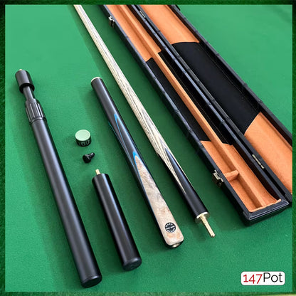 58" Snooker/Pool Cue + Case + 2x Extensions Bundle :: Laos Burl + Blue