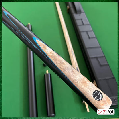 58" Snooker/Pool Cue + Case + 2x Extensions Bundle :: Laos Burl + Blue