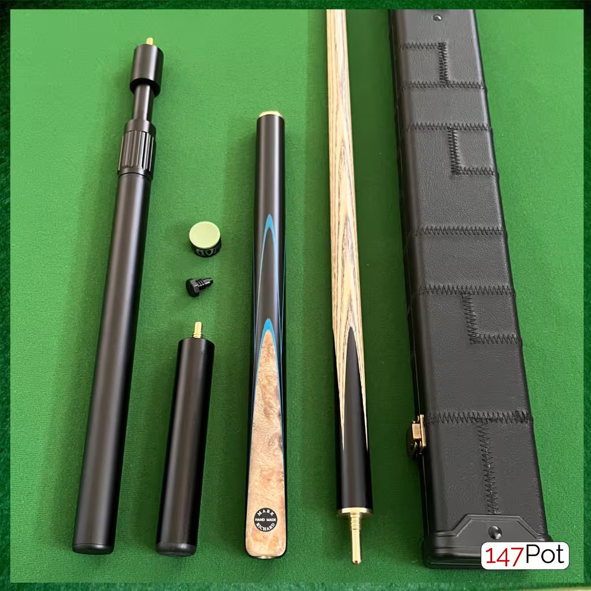 58" Snooker/Pool Cue + Case + 2x Extensions Bundle :: Laos Burl + Blue