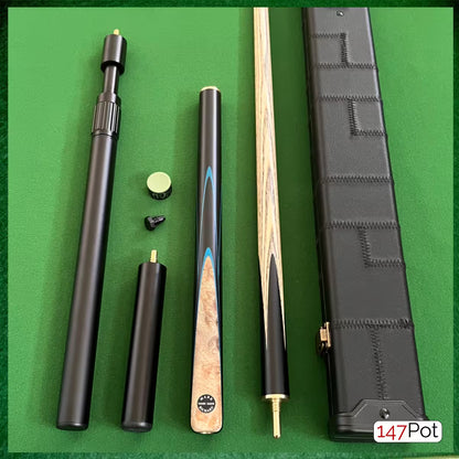 58" Snooker/Pool Cue + Case + 2x Extensions Bundle :: Laos Burl + Blue