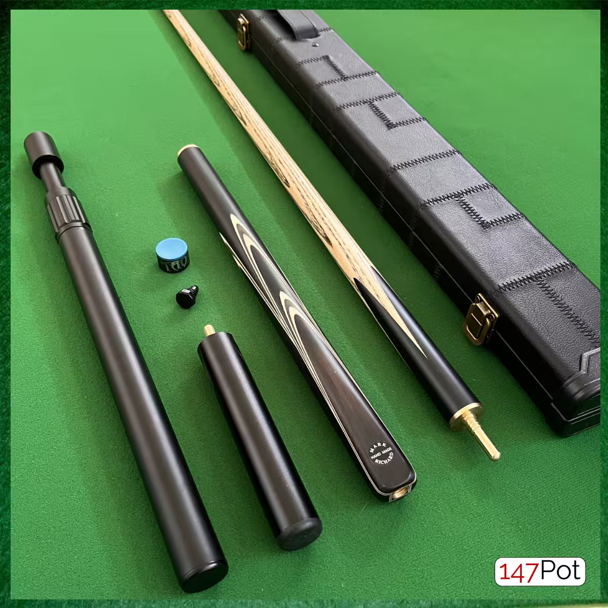 58" Snooker/Pool Cue + Case + 2x Extensions Bundle :: Premium Ebony White