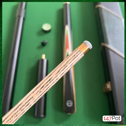 58 Inch Snooker/Pool 3/4 Jointed Ash Cue - 9.5mm Tip - Hard Case - 2x Extensions Bundle :: Emerald Green Arrows