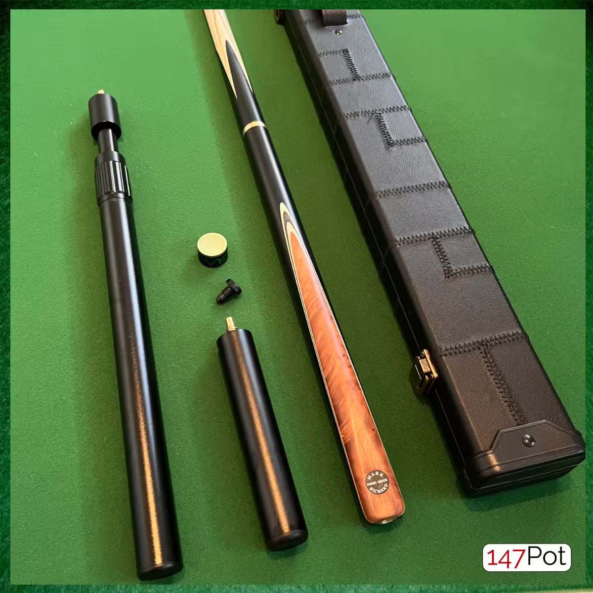 58" Snooker/Pool 3/4 Jointed Ash Cue - 9.5mm Tip - Hard Case - 2x Extensions Bundle :: Burl Chestnut Inlay