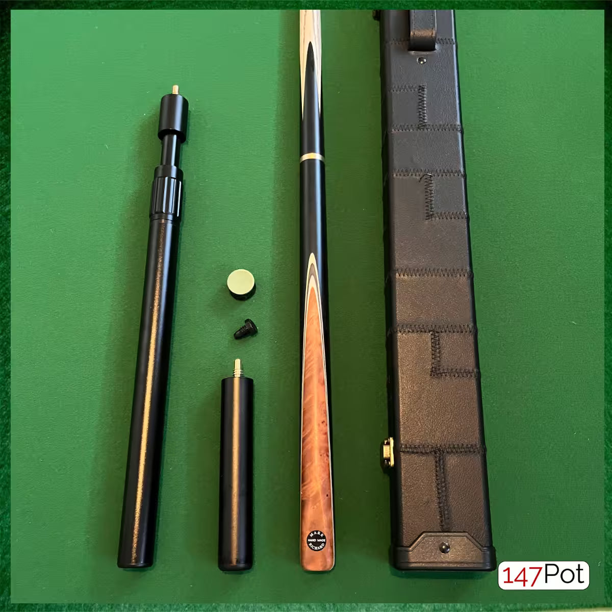 58" Snooker/Pool 3/4 Jointed Ash Cue - 9.5mm Tip - Hard Case - 2x Extensions Bundle :: Burl Chestnut Inlay