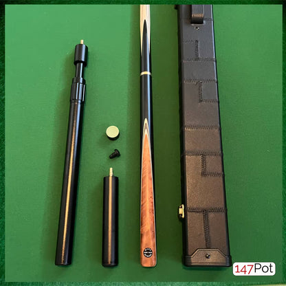 58" Snooker/Pool 3/4 Jointed Ash Cue - 9.5mm Tip - Hard Case - 2x Extensions Bundle :: Burl Chestnut Inlay