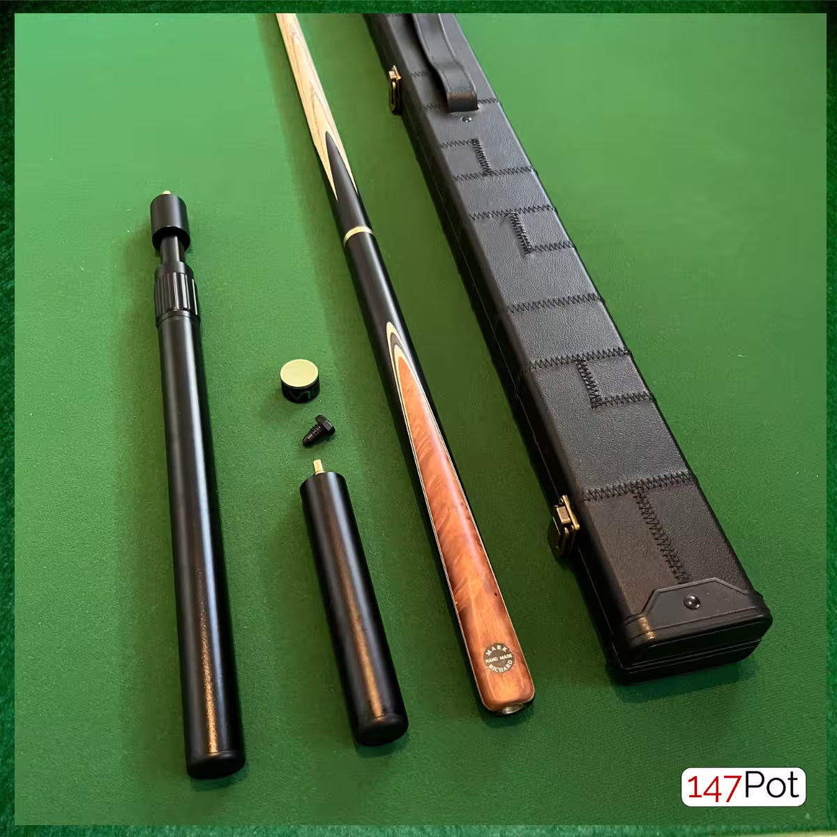 58" Snooker/Pool 3/4 Jointed Ash Cue - 9.5mm Tip - Hard Case - 2x Extensions Bundle :: Burl Chestnut Inlay