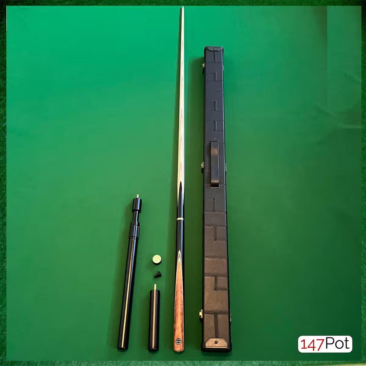 58" Snooker/Pool 3/4 Jointed Ash Cue - 9.5mm Tip - Hard Case - 2x Extensions Bundle :: Burl Chestnut Inlay