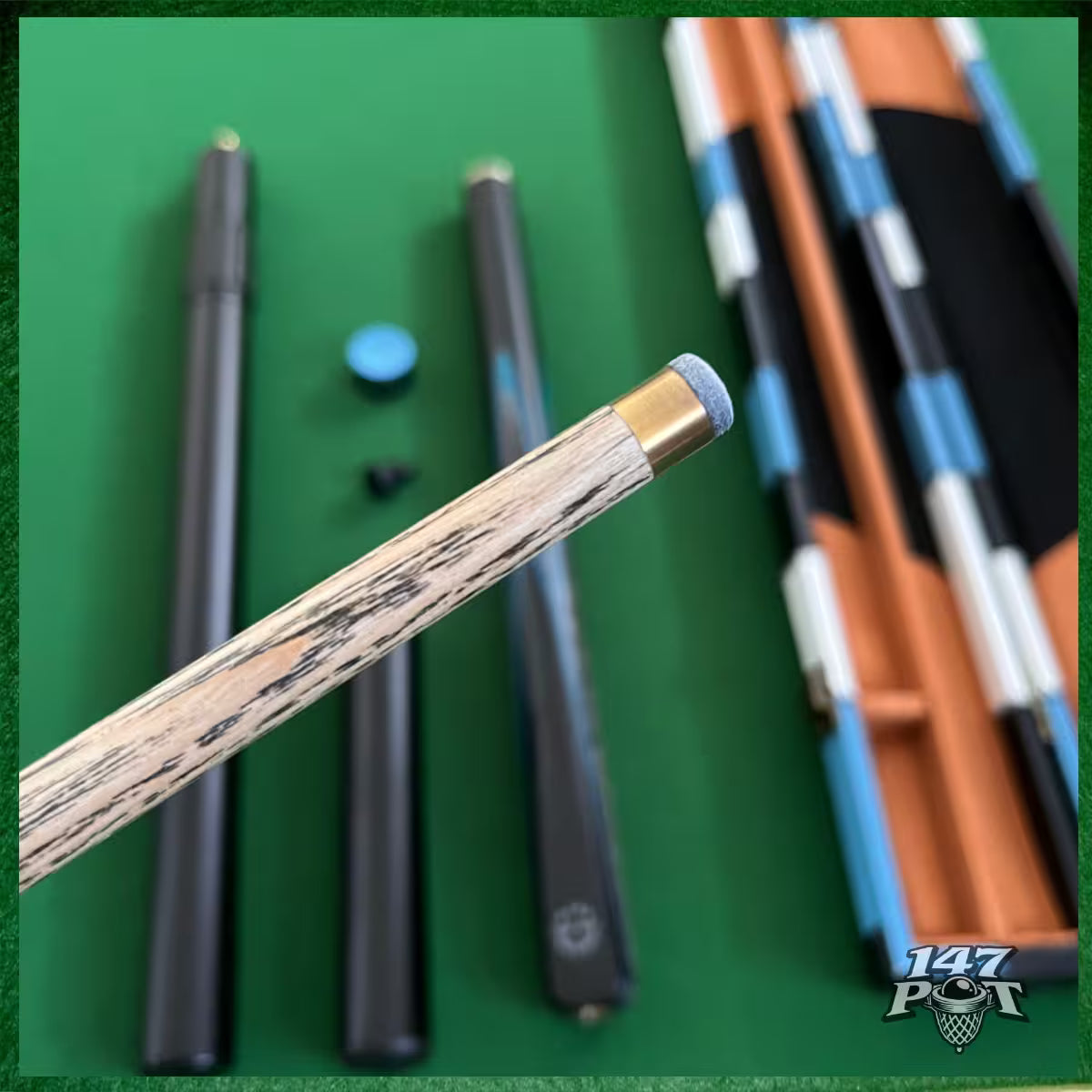 58" Snooker/Pool 3/4 Jointed Ash Cue - 9.5mm Tip - Hard Case - 2x Extensions Bundle :: Blue Maple Veneer