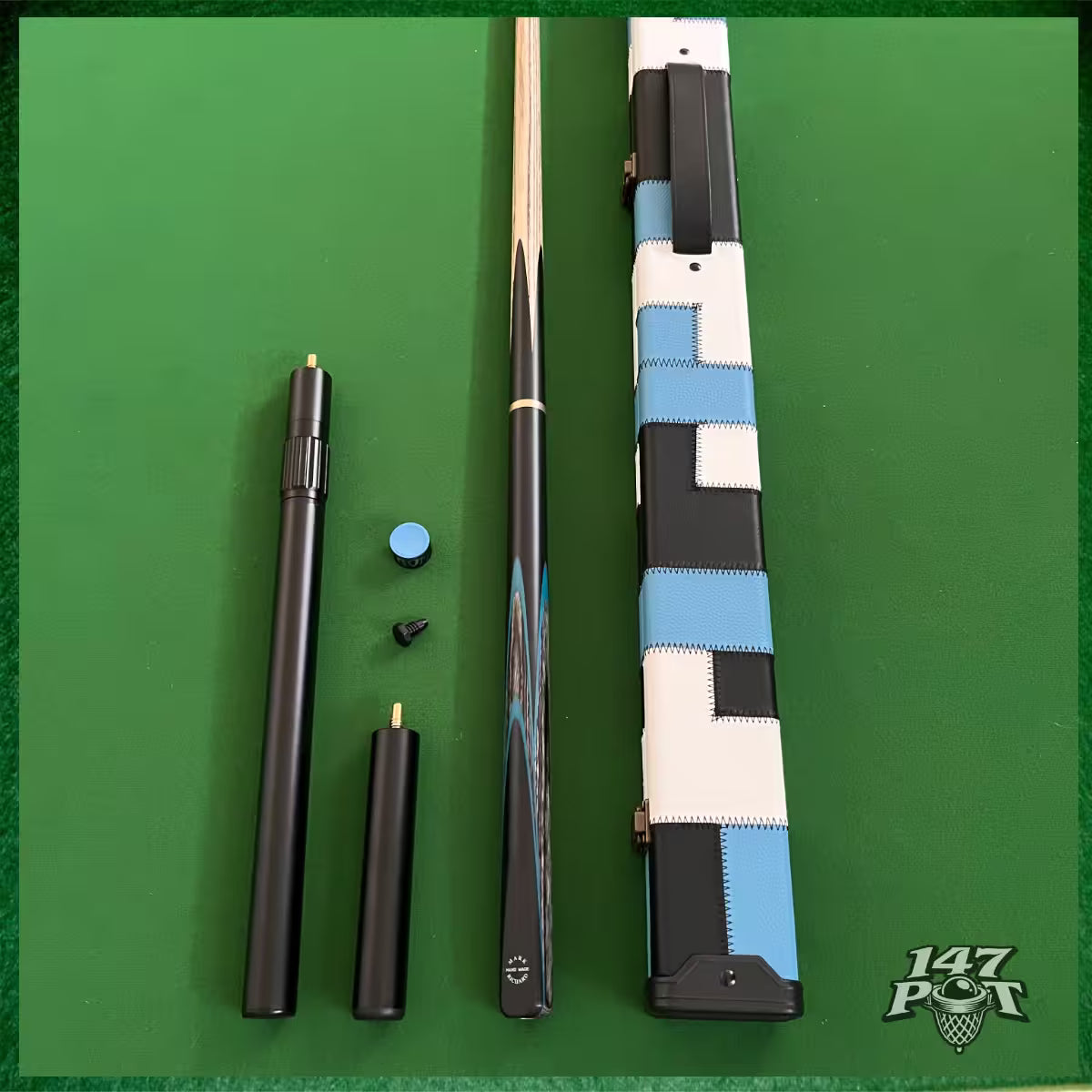 58" Snooker/Pool 3/4 Jointed Ash Cue - 9.5mm Tip - Hard Case - 2x Extensions Bundle :: Blue Maple Veneer