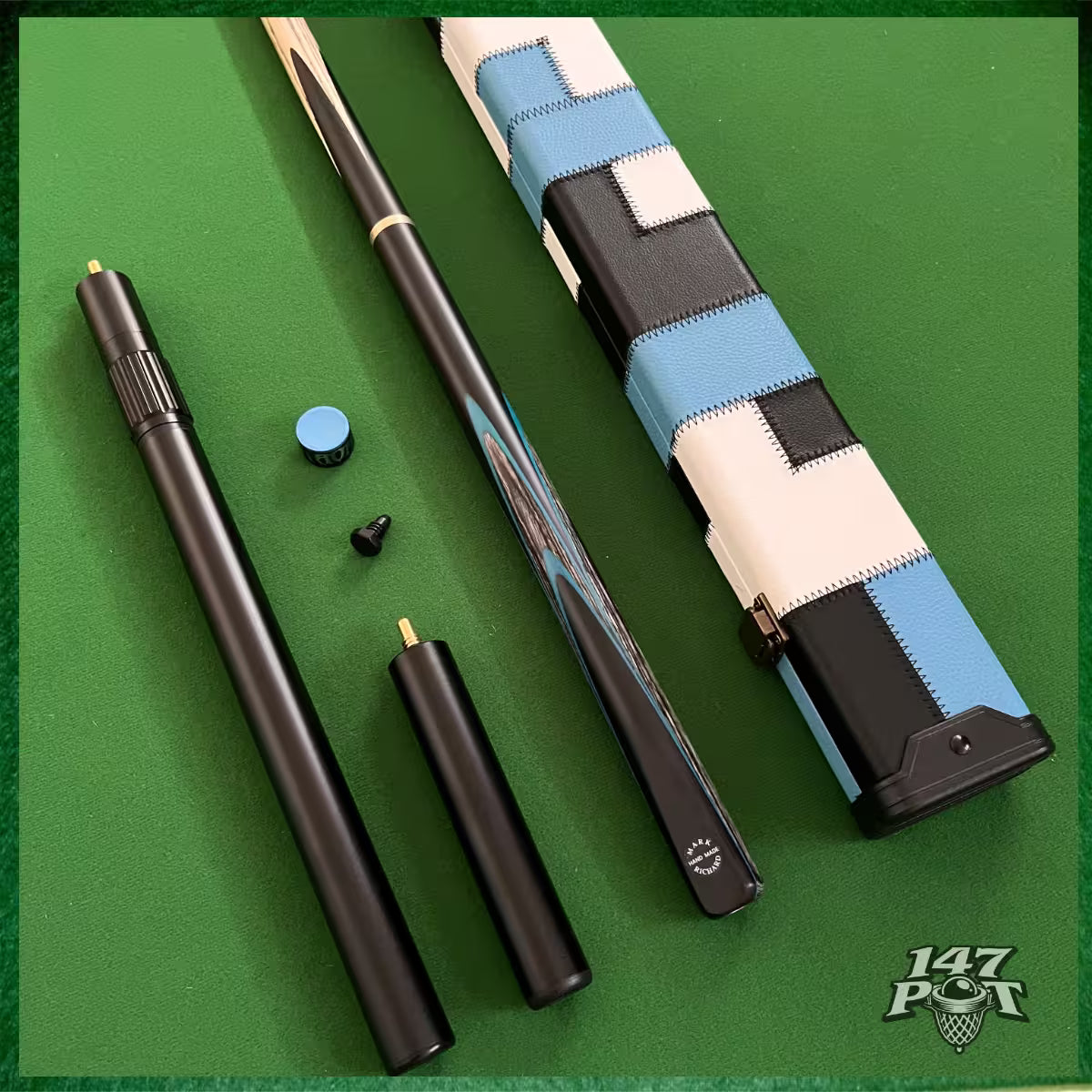 58" Snooker/Pool 3/4 Jointed Ash Cue - 9.5mm Tip - Hard Case - 2x Extensions Bundle :: Blue Maple Veneer