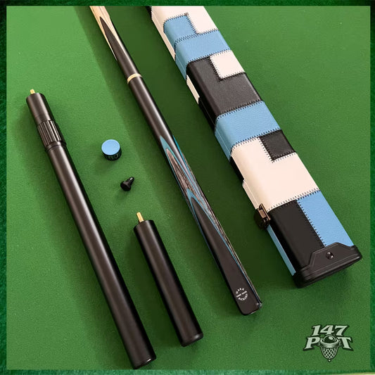 58" Snooker/Pool 3/4 Jointed Ash Cue - 9.5mm Tip - Hard Case - 2x Extensions Bundle :: Blue Maple Veneer