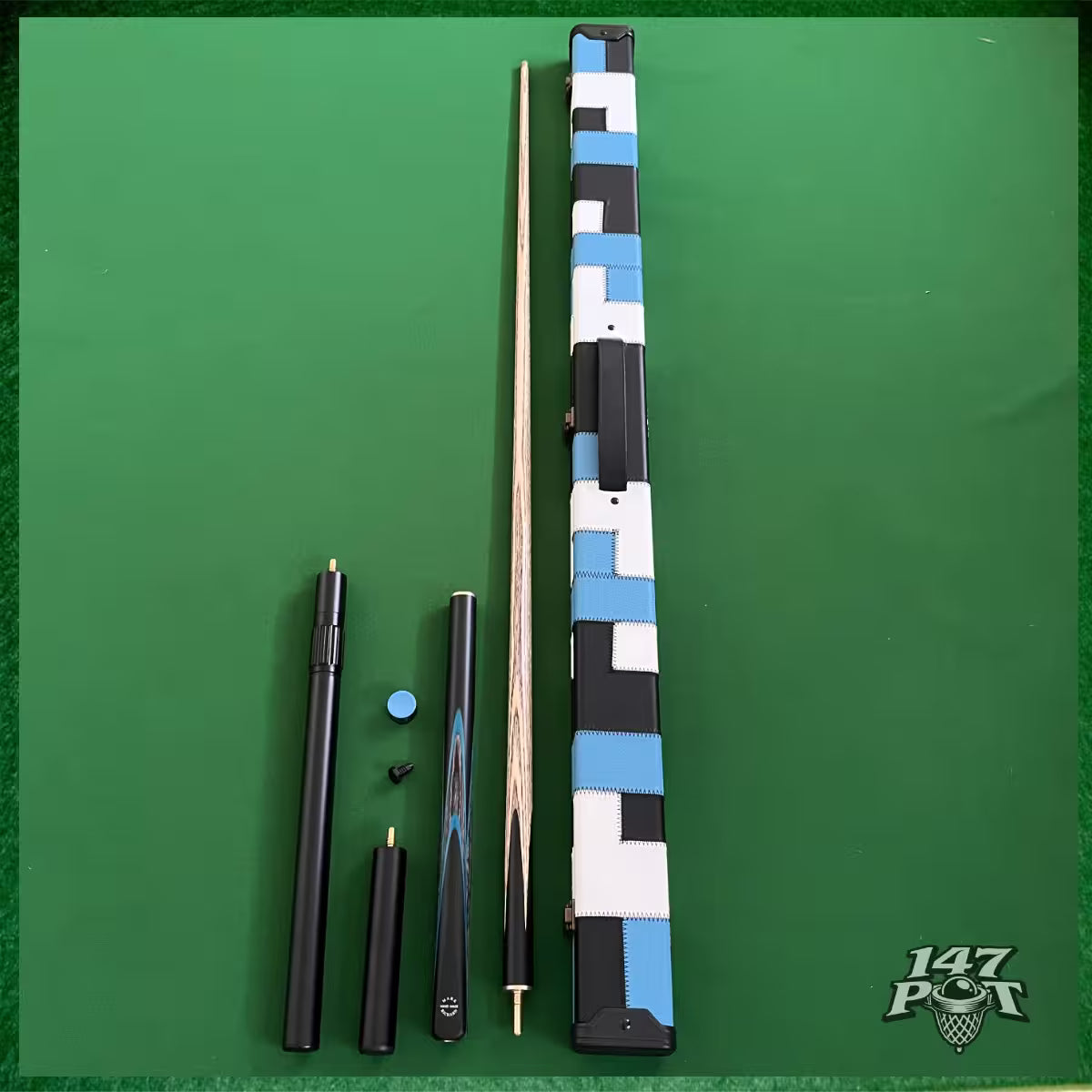 58" Snooker/Pool 3/4 Jointed Ash Cue - 9.5mm Tip - Hard Case - 2x Extensions Bundle :: Blue Maple Veneer