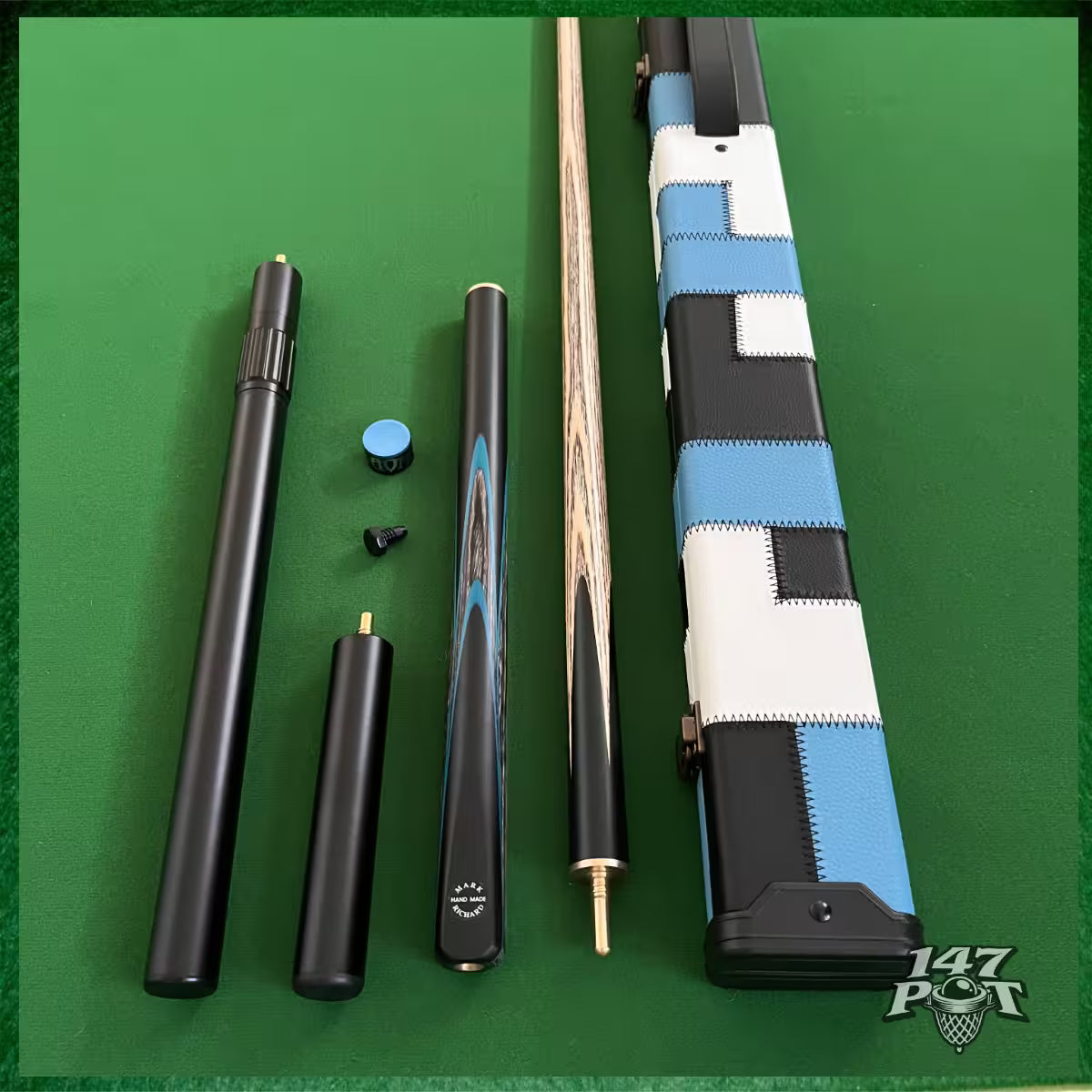 58" Snooker/Pool 3/4 Jointed Ash Cue - 9.5mm Tip - Hard Case - 2x Extensions Bundle :: Blue Maple Veneer