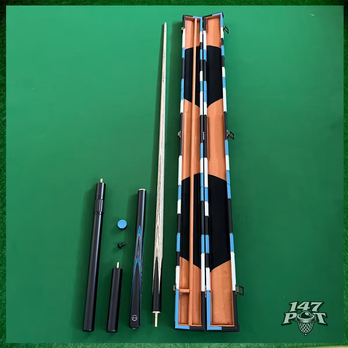 58" Snooker/Pool 3/4 Jointed Ash Cue - 9.5mm Tip - Hard Case - 2x Extensions Bundle :: Blue Maple Veneer