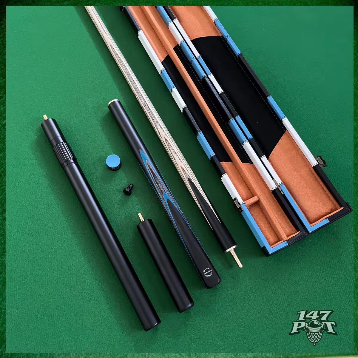 58" Snooker/Pool 3/4 Jointed Ash Cue - 9.5mm Tip - Hard Case - 2x Extensions Bundle :: Blue Maple Veneer